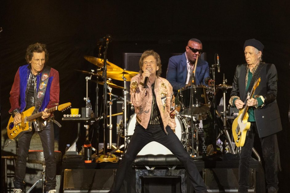Ronnie Wood, Mick Jagger and Keith Richards of The Rolling Stones perform on stage during the No Filter Tour at SoFi Stadium on Oct. 14, 2021, in Inglewood, Calif.